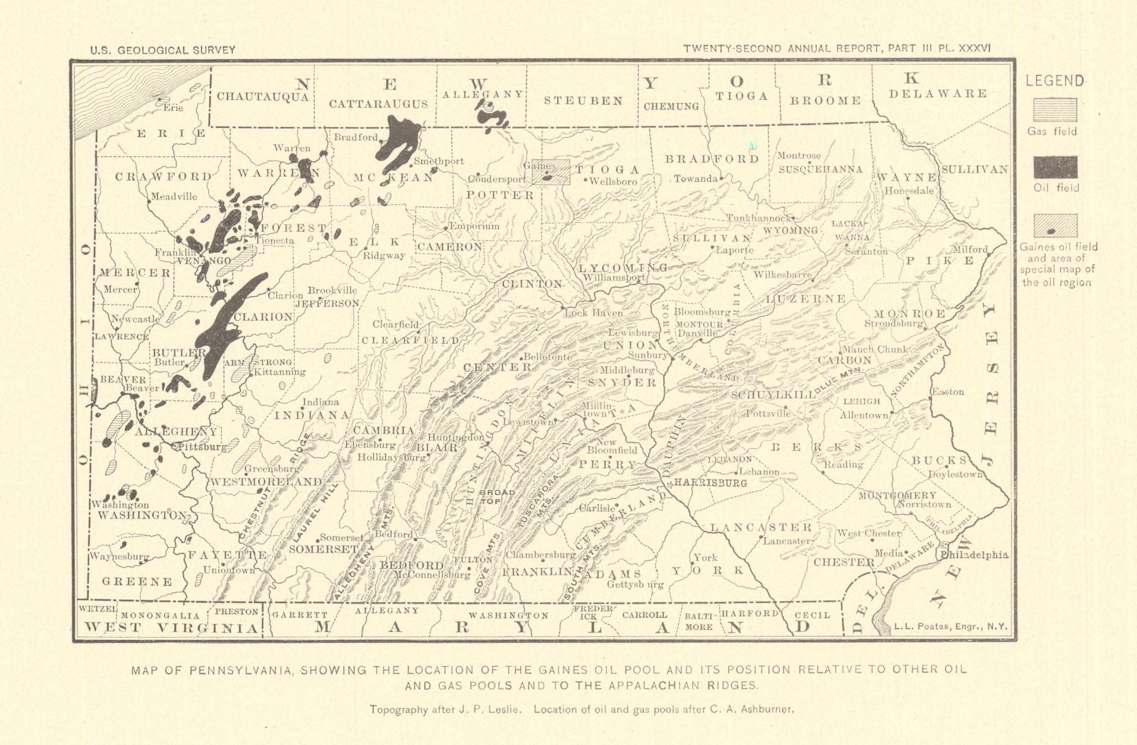 Gaines oil pool Pennslyvania. Relative position Appalachian Ridges USGS 1902 map